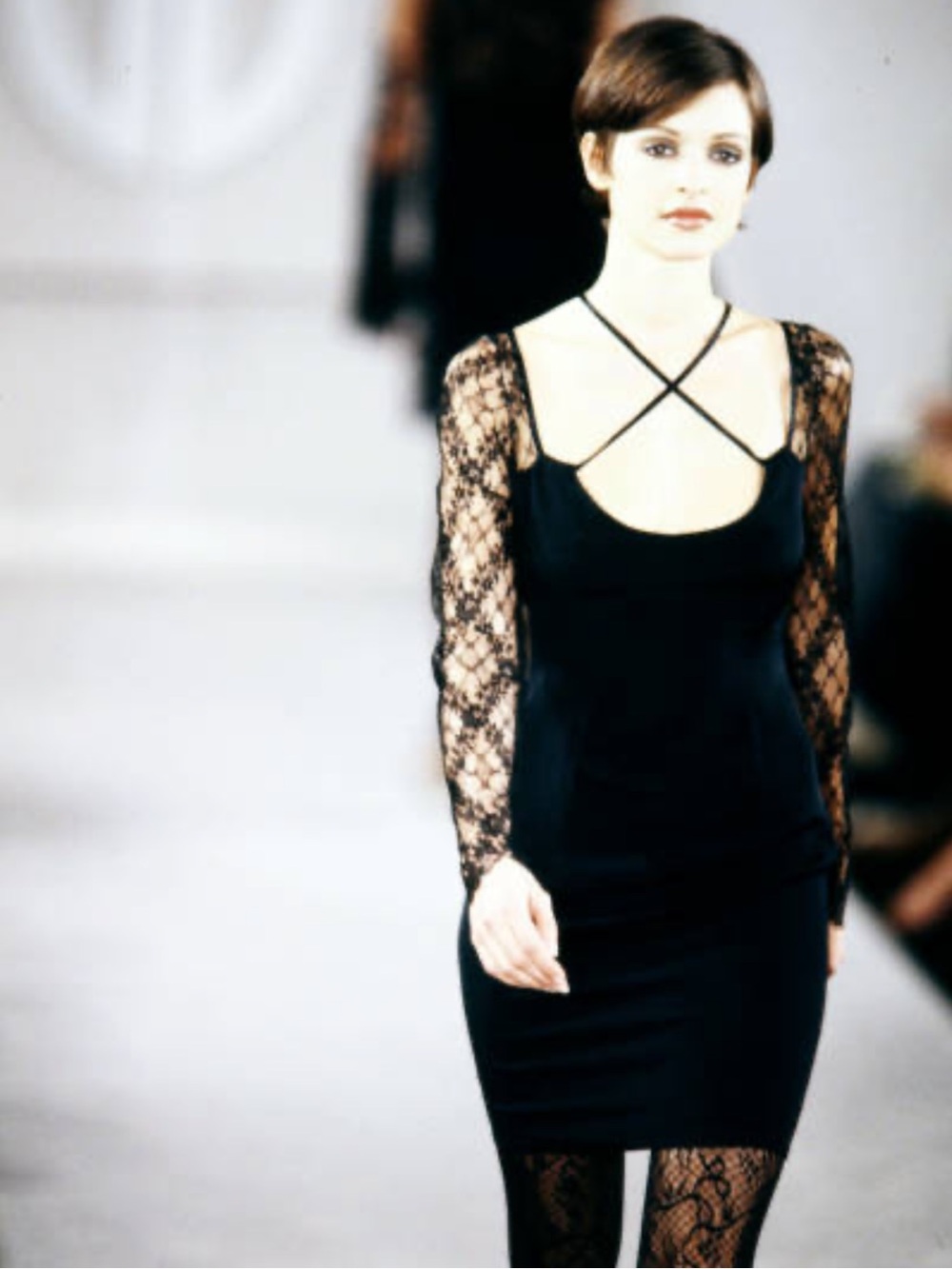 Bill Blass Fall 1994 lace long sleeve mini dress